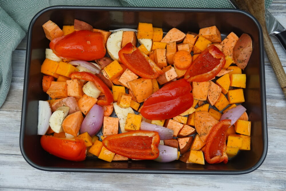 vegetable soup ingredients covered in olive oil